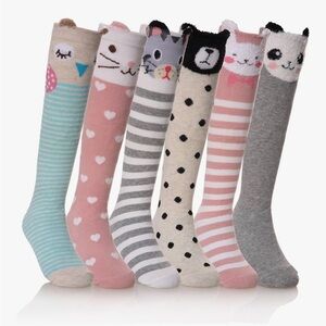 NOVCO 6 Pairs Girls Knee High Socks Cartoon Set Adorable Animal Patterns  3-12 Y